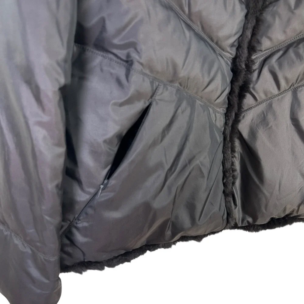 Quilted Down Hooded Puffer Jacket‎ Rabbit Fur Trim Quiet Luxury Coat Black XL